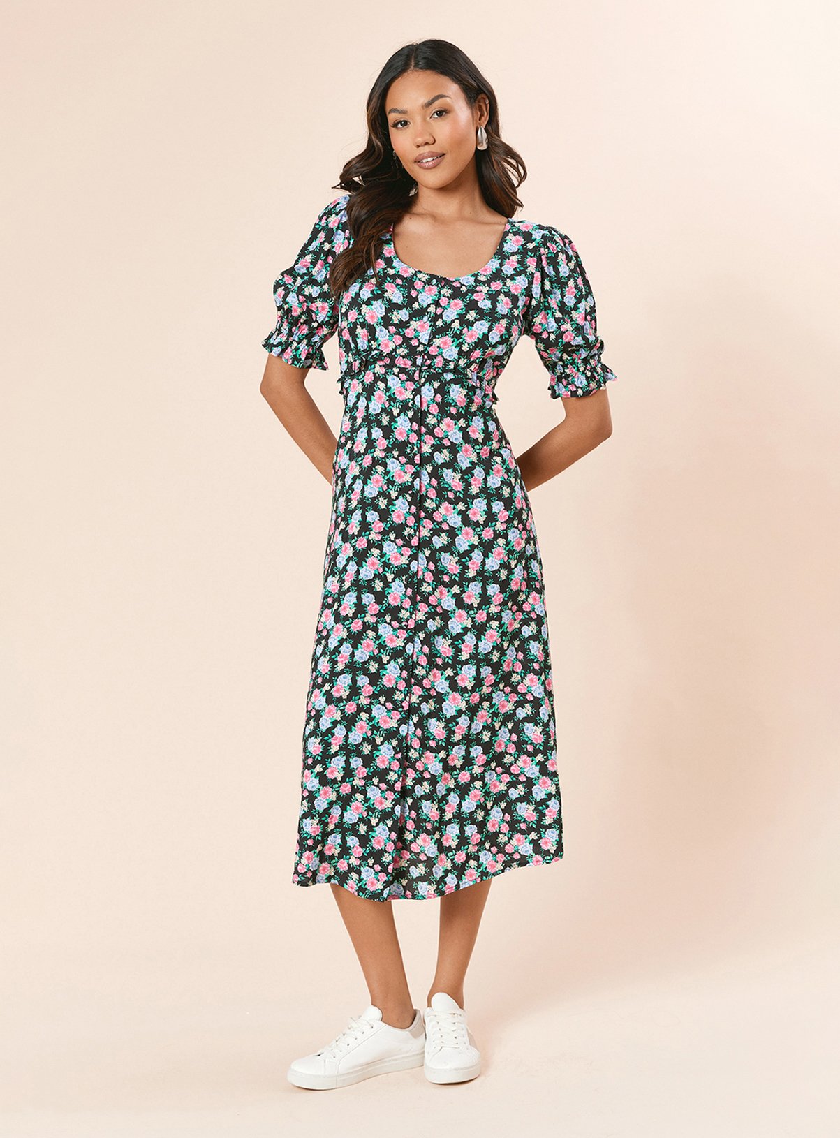 DOROTHY PERKINS Floral Button Front Puff Sleeve Midi Dress 10 - Image 1 thumbnail